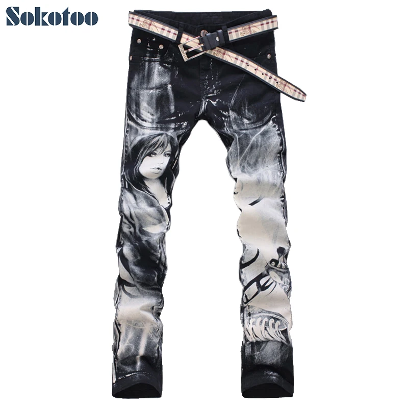 Sokotoo Men's fashion flower pants Beauty printed jeans High quality print pattern slim denim trousers Free shipping Sokotoo Men's fashion flower pants Beauty printed jeans High quality print pattern slim denim trousers Free shipping