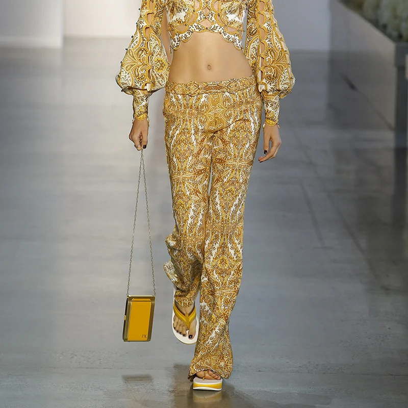 

100% Linen Women Low Rise Golden Paisley Flared Linen Pants Trousers