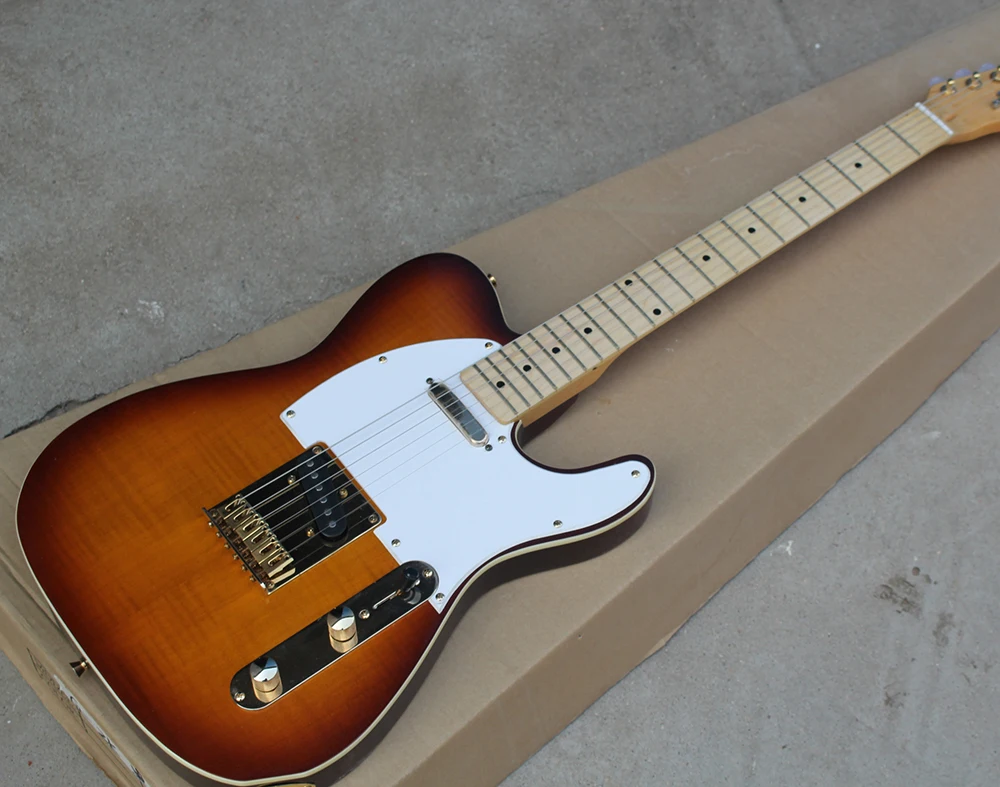 

Factory Tobacco Sunburst Electric Guitar with Flame Maple Veneer,Gold Hardware,Strings-Thru Body,Can be Customized