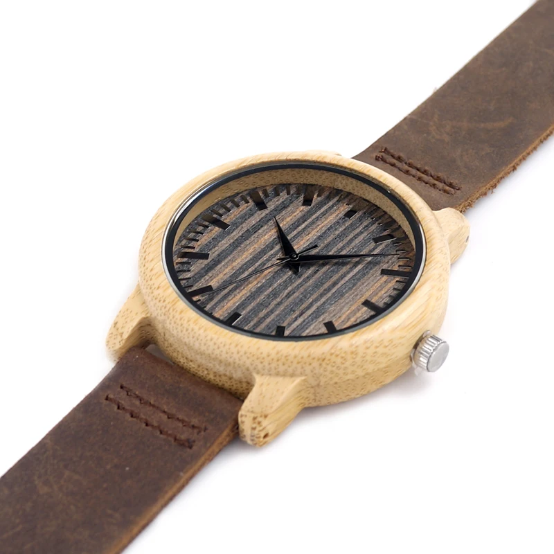 BOBO BIRD V-H08 Mens Handmade Bamboo Watches Wooden Dial Leather Strap Quartz Wristwatch in Gift Box Relojes Hombre V-H08