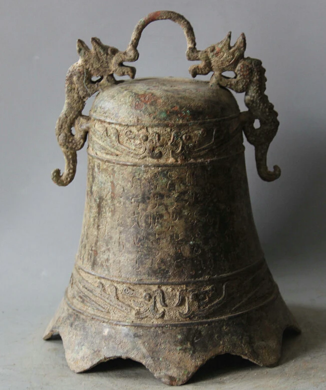 

Elegant old S5983 10" Archaic Chinese Dynasty Palace Bronze Two Dragon Temple hanging Bell Zhong (A0321)