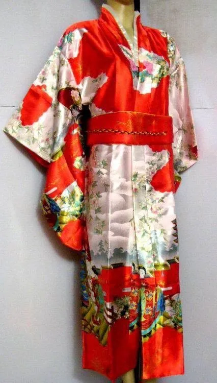 Голубой новый Винтаж японский Для женщин шелковый атлас кимоно ropa Mujeres japonesas юката платье цветок один размер H0016