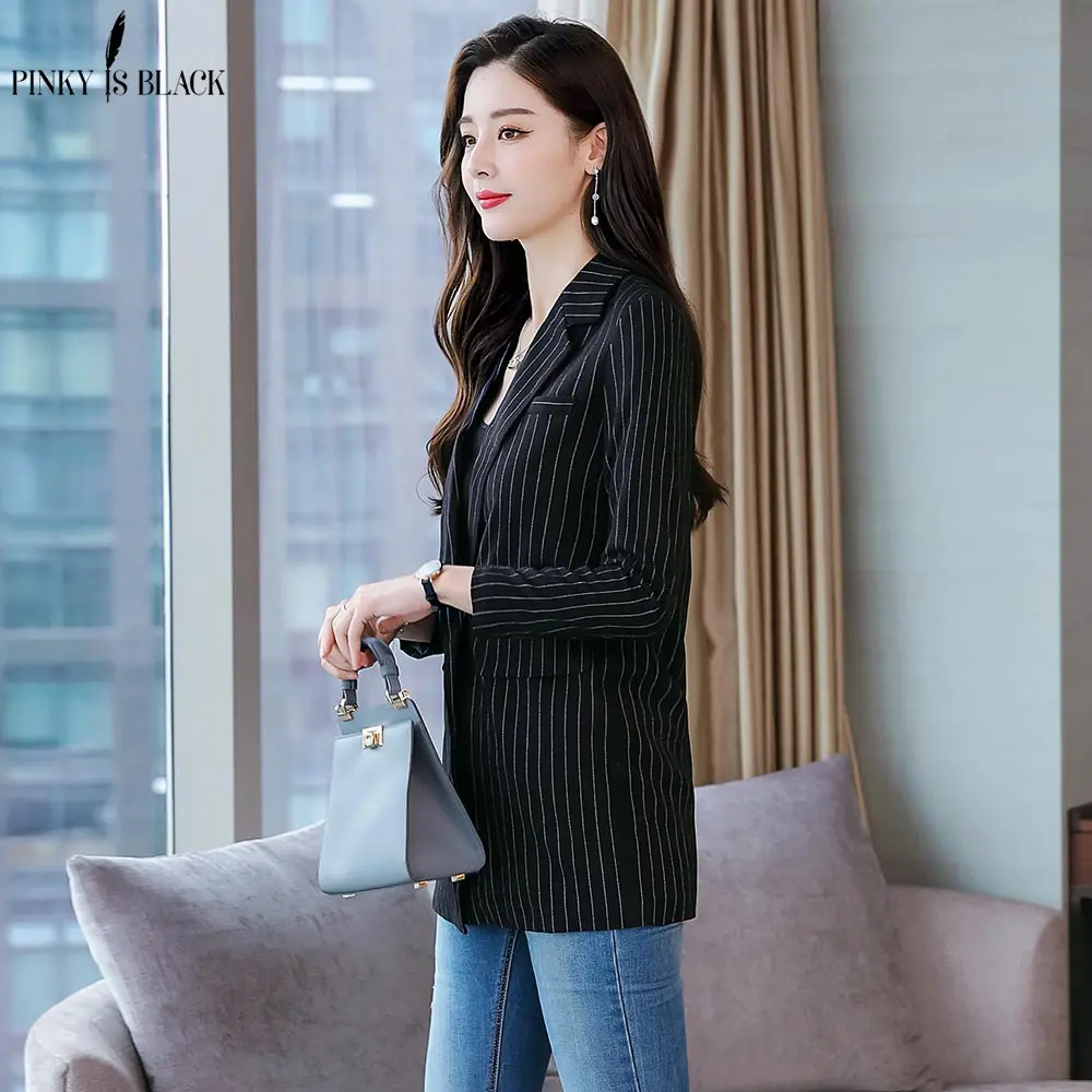 PinkyIsBlack Single Button Women Blazer Spring Pocket Jacket Female Retro Striped Suit Coat Work Feminino Outerwear High Quality