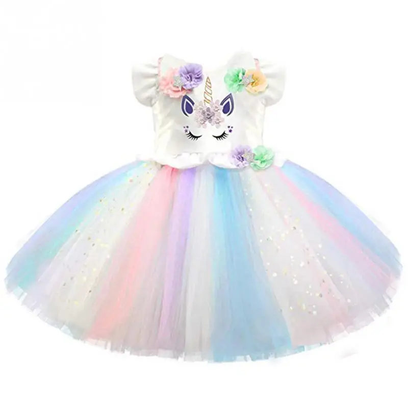 Цена Девушки цветка Единорог Туту платье Пастель Радужное платье принцессы для девочек платье для дня рождения Для детей Хэллоуин Единорог Кост...