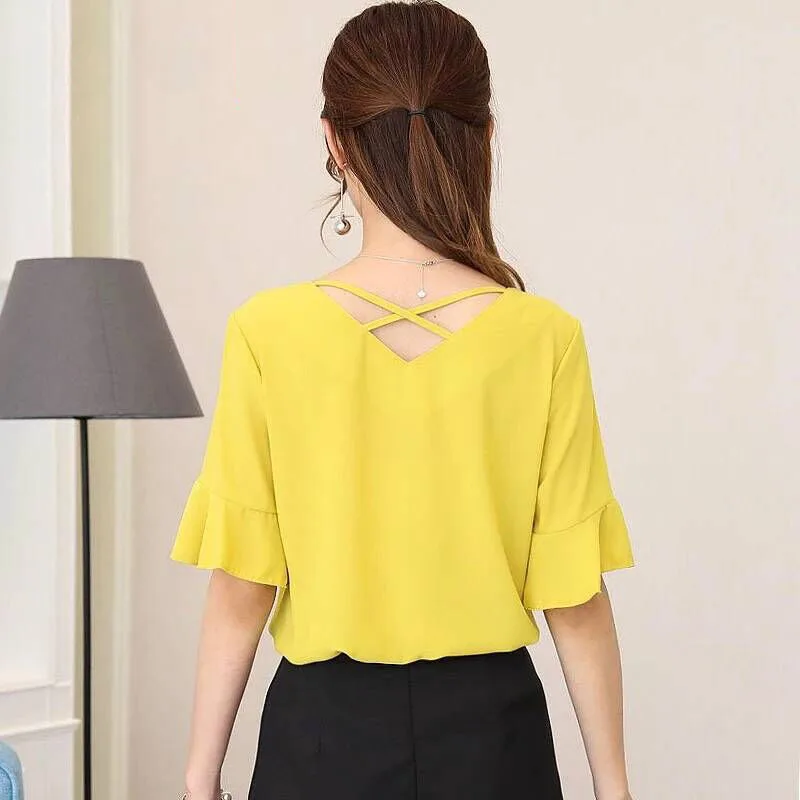 Women Spring Summer Style Chiffon Blouses Shirts Lady Brand Backless V-Neck Flare Sleeve Blousas Tops Feminina DD1625 Blouses