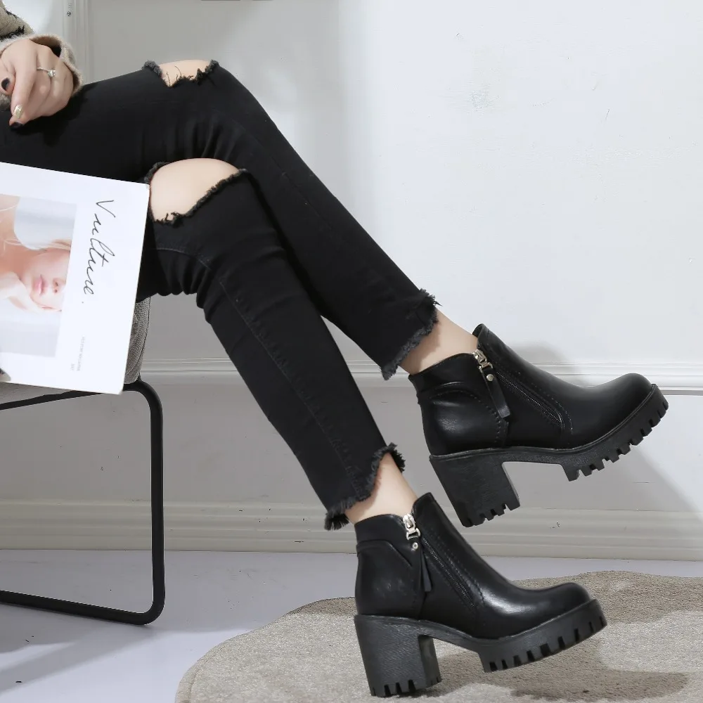 

Woman Ankle Boots Fashion High heel 2019 Autumn Winter PU Leather Black Side zipper Women Boots Winter Shoes Ankle Boot