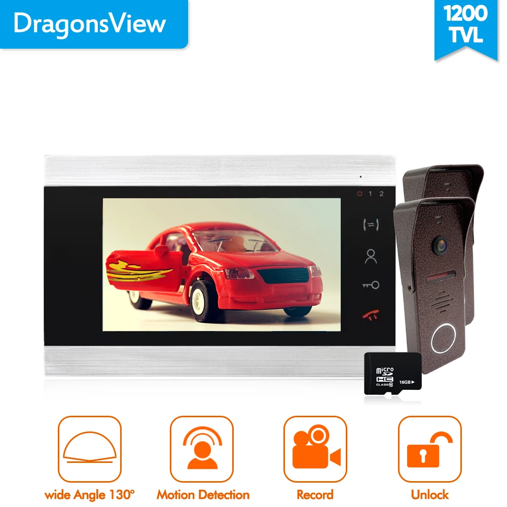 Dragonsview 4 wire Video Intercom Motion Dectection Wired Video Doorbell Camera 1200TVL Recording Unlock 7 Inch Touch Button