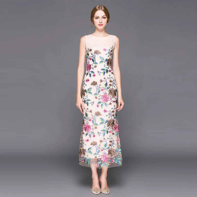 

Europe Brand Summer Newest Cute Style Mesh Flowers Embroidery O-Neck Package Buttocks Mid-Calf Elegant Tank Long Dress Women