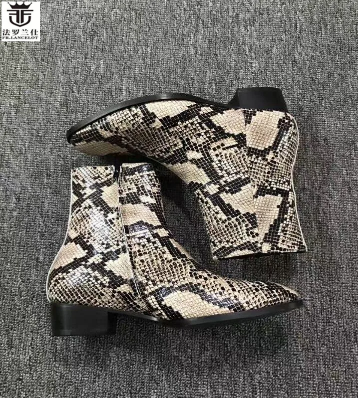 Men Chelsea Boots Snake Lines Men Designer Ankle Boots Genuine Leather Winter Boots Zip Size 47-50