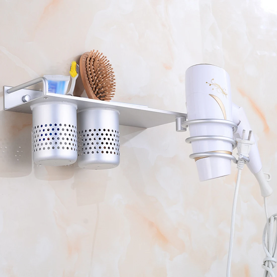 

Hair Dryer Shelf Bathroom Storage Holder Comb Rack Wall Hanger with 2 Cups Alumimum