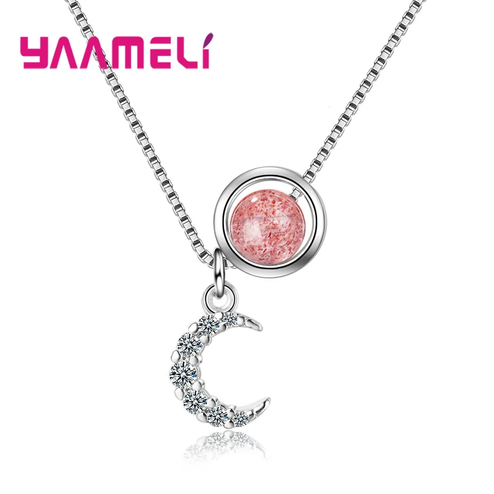 

2019 Fashion Simple Luxury Elegant Strawberry Pink Crystal Shinny Moon Shape Female Necklace Anniversary Gifts For Women