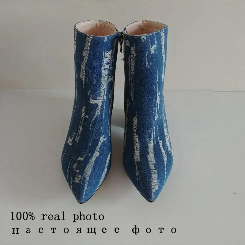ANOVISHANA/ботильоны из джинсовой ткани; женская обувь на молнии с острым носком; обувь на высоком каблуке; женские синие джинсовые ботинки; bottines femininos; D138