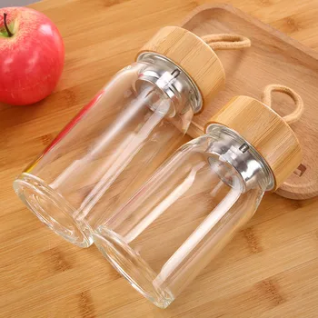 

300ml 400ml Fruit Tea Bottle Glass Bottled Water Bottle Infuser With Filter Strainer Drink Bamboo Lid With Rope Direct Drinking