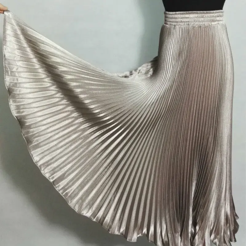 Плиссированная юбка с металлическим блеском и эластичной резинкой на талии, сатиновая Макси элегантная длинная юбка