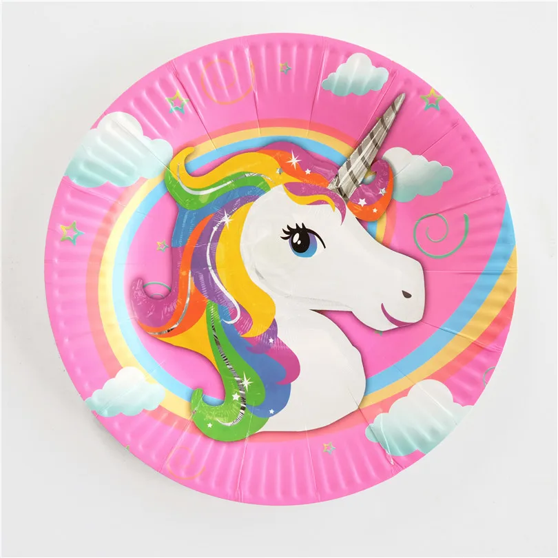 Вечерние баннеры с розовым единорогом/Подарочный пакет/воздушные шары/тарелка чашка для попкорна детские украшения торта на первый день рождения Детские вечерние принадлежности - Цвет: 7inch plates 10pcs