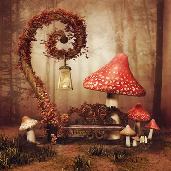 

Laeacco Jungle Mushroom Backdrops Dreamy Lantern Bench Green Grass Baby Child Portrait Photo Backdgrounds Photocall Photo Studio