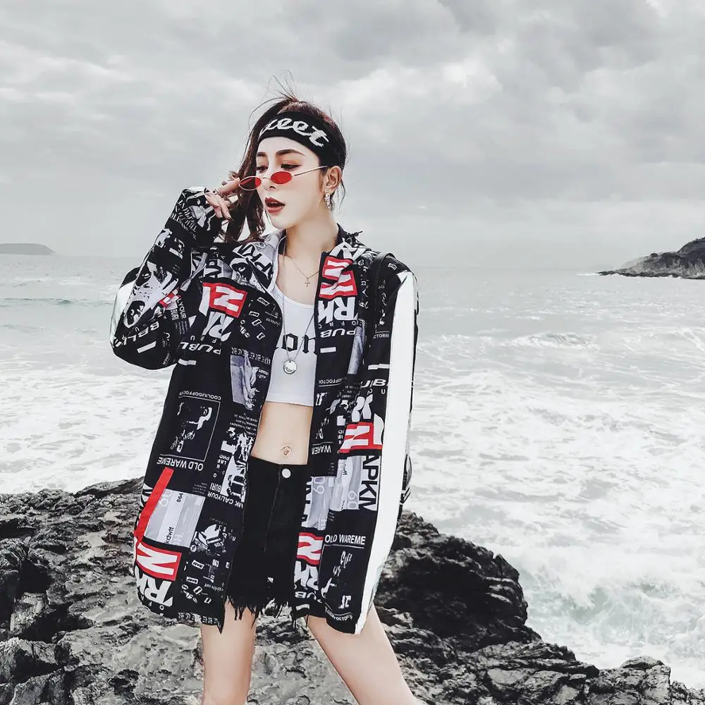 

Hip Hop Coat Women Contrast Color Harajuku Jacket Bomber Windbreaker BF Hooded Korean Style Bantan Boys Student Thin Jackets