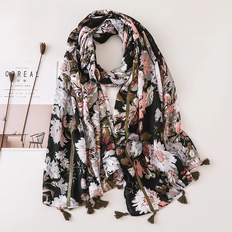 Women Fashion Daisy Floral Cotton Viscose Scarf Lady Tassel Shawls and Wraps Pashmina Bandana Female Muslim Hijab Sjaal 180*90Cm