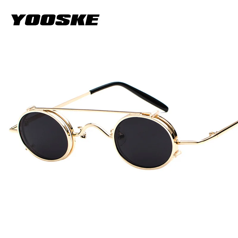 

YOOSKE Steampunk Sunglasses Men Women Oval Clip On Sun glasses Womens Brand Designer Glasses Metal Punk 2019 NEW Small Eyewear