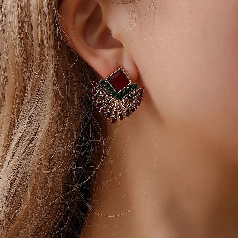 

New Red Rhinestone Vintage Behomia Ethnic Hanging Dangle Drop Earrings for Women Geometric Sector Personality Earring