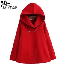 UHYTGF осень зима Короткое шерстяное пальто для женщин плюс размер плащ с капюшоном шерстяное пальто мода Свободный рукав летучая мышь шерстяная Верхняя одежда 684