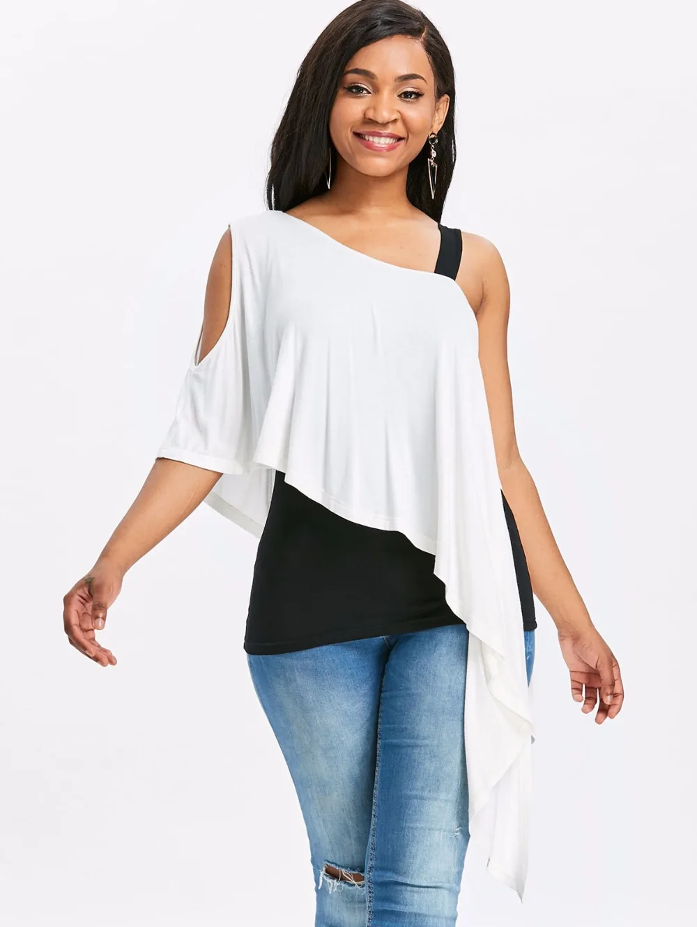VESTLINDA Skew Collar Color Block Black White Overlay Asymmetrical Tee Two Tone T Shirt Women Casual Tops Summer 2018 T-shirt 1
