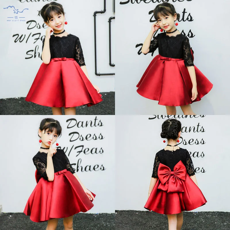

Black Flower Girl Dress Big Bow Ball Gown Lace Summer Girl's Dress Tulle Bow Gowns First Communion Dresses For Little Girl E317