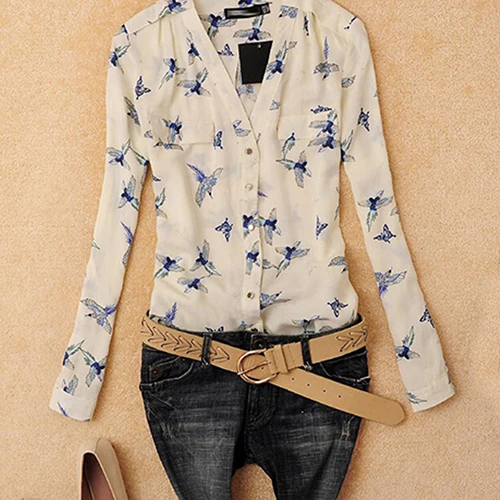 

Women Elegant Summer Chiffon Birds Print Top Casual Long Sleeve Shirt Blouse