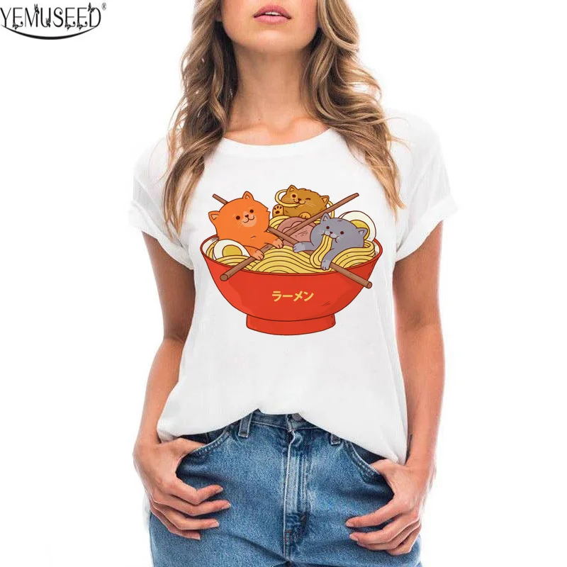 

YEMUSEED New Women Lovely kitten Printed T-Shirt White Fashion O-Neck Sleeve Tops shirt QD18-QM