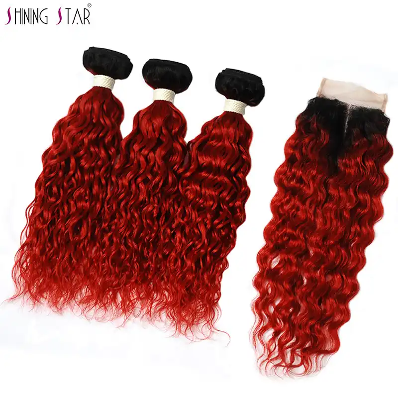 1b 99j Colored Indian Human Hair Water Wave Bundles With Closure 3