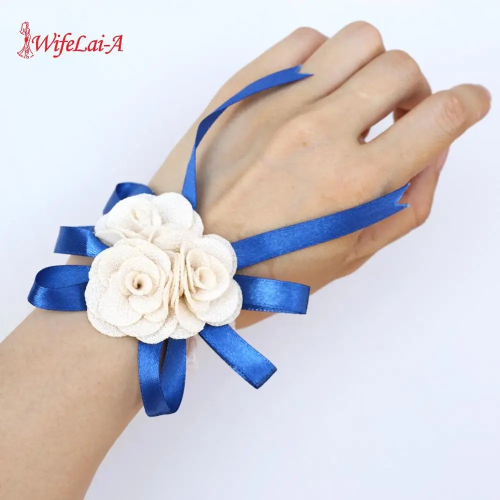 WifeLai-ручной работы на запястье цветы слоновая кость бутоньерка на запястье для подружки невесты шелковый ленточный браслет поставки