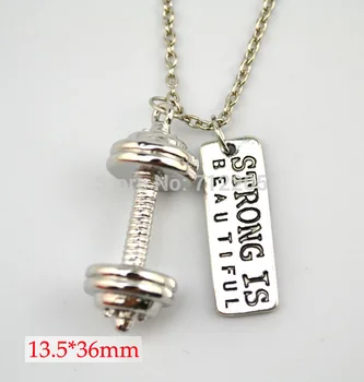 

Fitness 10pcs a lot antique silver plated Dumbbell barbell with Strong Is Beautiful weightlifting Gym chain necklace (A1193)