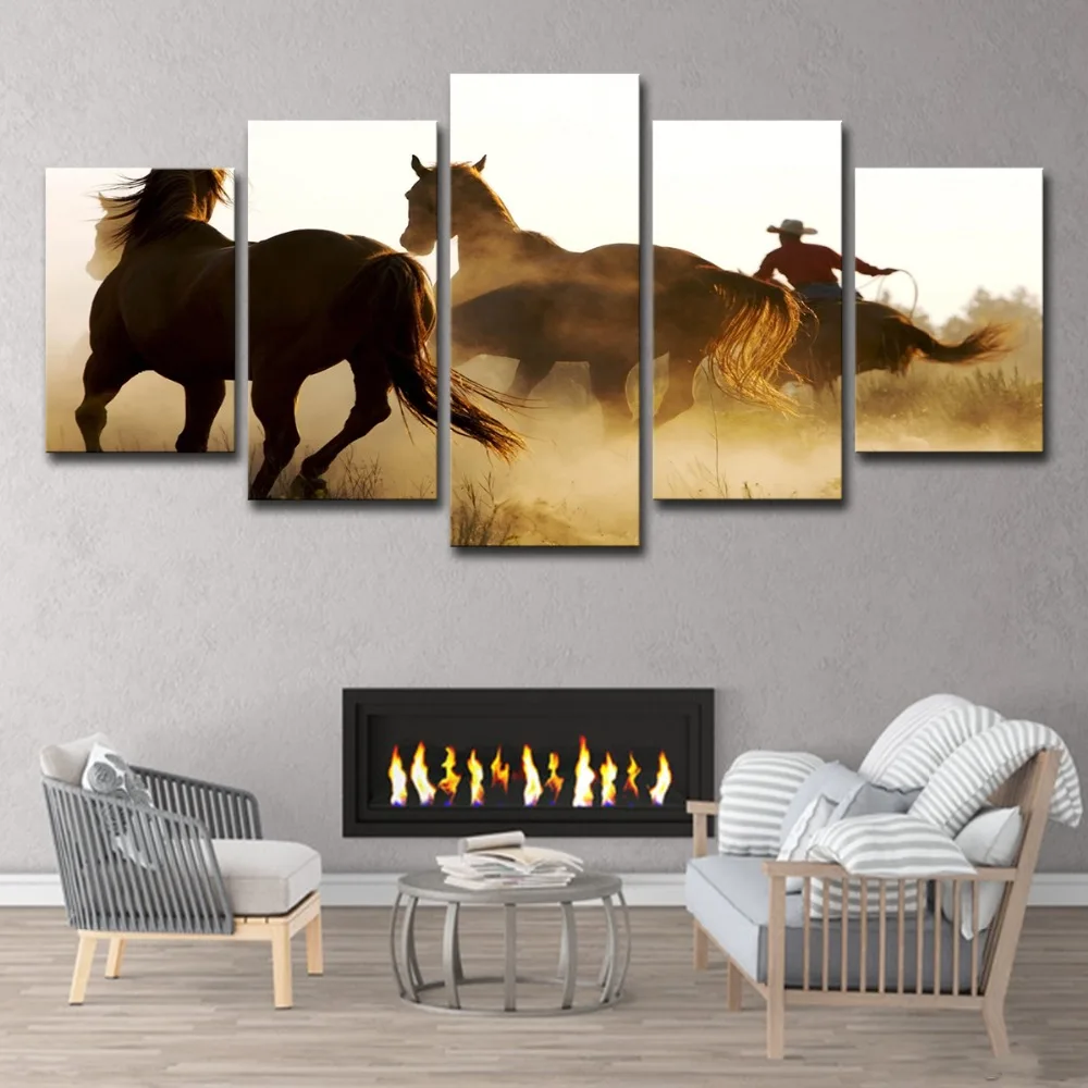 5P2288-HD Printed Cowboys Horses Painting 5 piece Canvas art Print room decor print poster picture canvas Free shipping (3  (3)