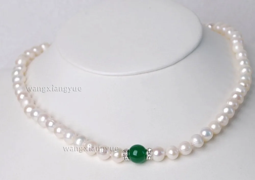 

shipping Real 7-8mm White Akoya Pearl & Green Emerald Round Beads Necklace 18