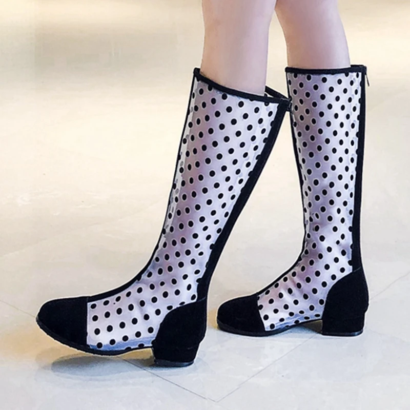 

ASILETO elegant summer boots low heels Zipper Flock Mesh breathable flat sandals printed flock knee high sandalia casual botas