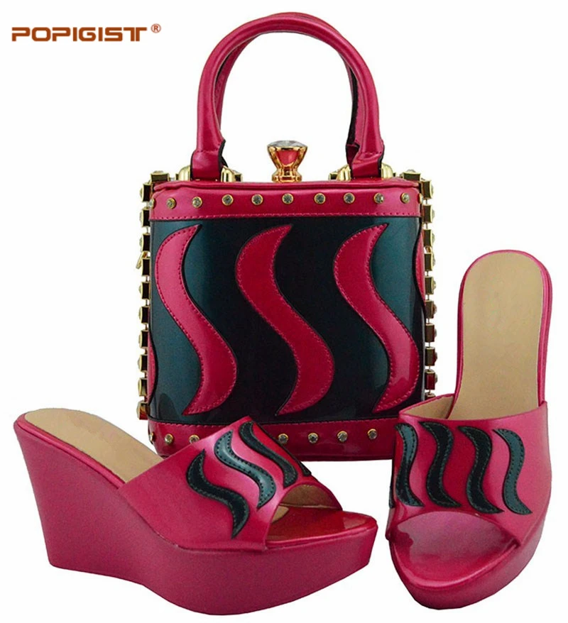 purple fuchsia wine Couleur Avec Mode D'été Black Les royal Chaussures Sac Ensemble Pour Correspondance Femmes Et Pêche De Italiennes Sur Glissement Des peach gold Blue Africain green qSwBgqd