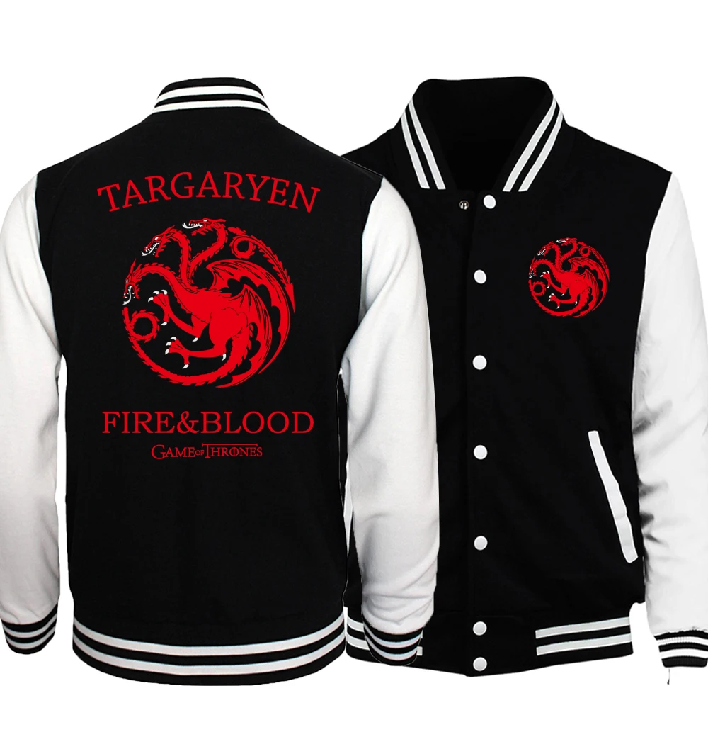 

Game of Thrones Jacket Men Team Targaryen Fire Blood Baseball Uniform 2018 Spring Black White Jackets Stark Coat Plus Size 5XL