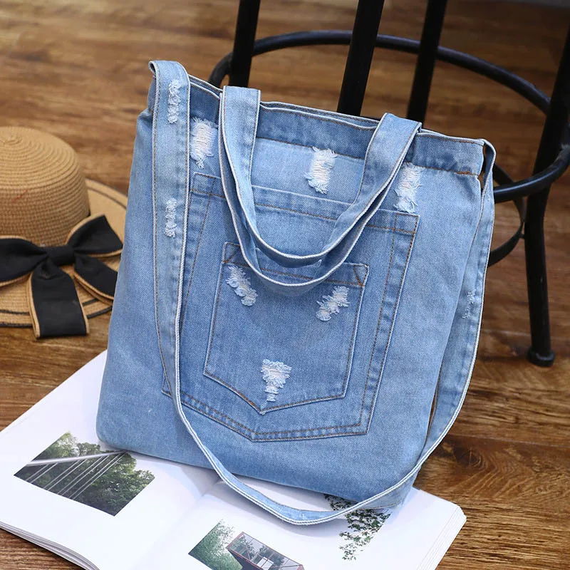 Новая модная женская джинсовая сумка на плечо, сумка в ковбойском стиле, женская сумка для покупок, женские рваные джинсы, дизайнерская школьная сумка для книг, повседневная сумка - Цвет: light middle ripped