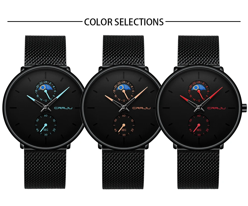 Новое поступление Роскошные брендовые CRRJU уникальный дизайн повседневные модельные стальные часы для мужчин 24 часа кварцевые часы черный циферблат красные стрелки