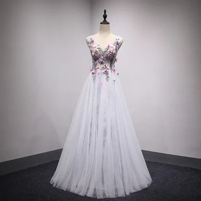 Robe de Soiree, длина до пола, вечерние платья, v-образный вырез, серое платье, сексуальный тюль, цветок, Длинные вечерние платья, Darlingoddess - Цвет: Серый