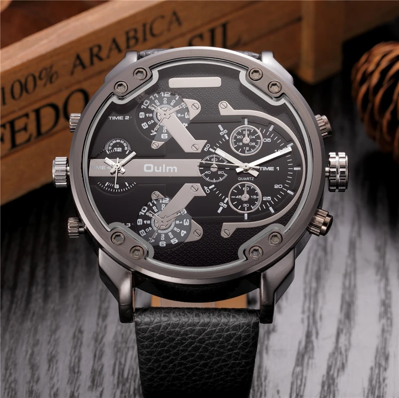 Oulm, два часовых пояса, большой циферблат, японские кварцевые военные часы, мужские роскошные брендовые Стальные наручные часы, мужские военные часы, золотые часы