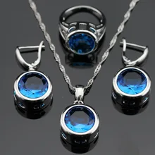Hecho en China Ronda Azul Creado Topacio de Color Plata Sistemas de La Joyería Nupcial Para Las Mujeres Colgante Collar Pendientes de Caja de Regalo Libre