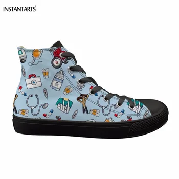 

INSTANTARTS Cute Cartoon Nurse Print Walking Shoes Women Classic High Top Canvas Shoes Sneakers Breathable Athletic Sports Shoes