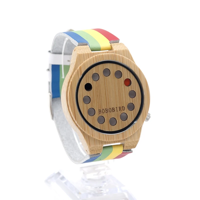 BOBO BIRD LA01 Men Wooden Watch Colorful Leather Strap Quartz Bamboo Watches for Men with Gift Box Drop Shipping