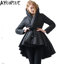 AYUNSUE Зимний пуховик женский европейский дизайн подиумная мода Асимметричная Длина длинный пуховик с капюшоном верхняя одежда LX2227