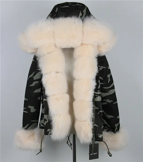 Camouflage beige Бренд натуральный натуральным лисьим Мех животных пальто с воротником короткий камуфляж зимняя куртка для женщин верхняя одежда плотны - Цвет: Camouflage beige