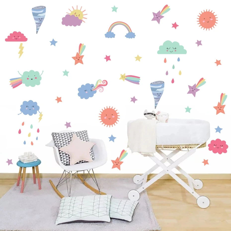 

Cartoon Clouds Raindrop Wall Stickers Lovely Weather Theme Decals Colorful Art For Kids Nursery Room Home Decoration Wallpaper
