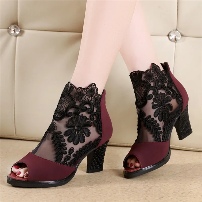 Rimocy summer ankle boots for women square high heels botines mujer lace shoes woman peep toe sandals embroider pumps femme