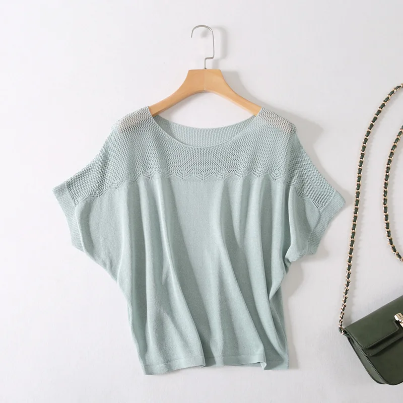 

2019 New arrival t shirt women summer plus size loose Knitted Pullover T-shirt Bat Sleeve Solid color hollow Mesh Breathable top