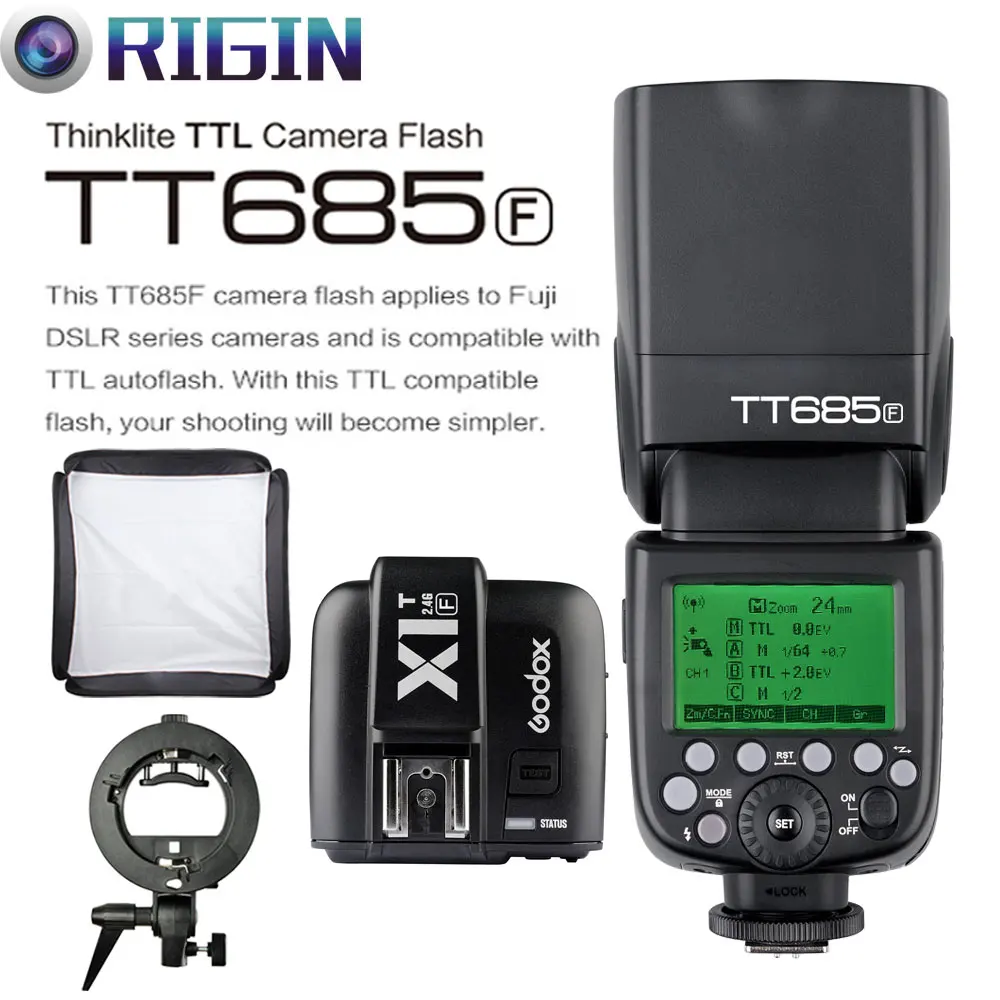 

Godox TTL II Autoflash GN60 HSS 1/8000s 2.4G Wireless Speedlite TT685F+X1T-F+S-Type Bracket+SoftBox (40cm/50cm) Kit For Fuji